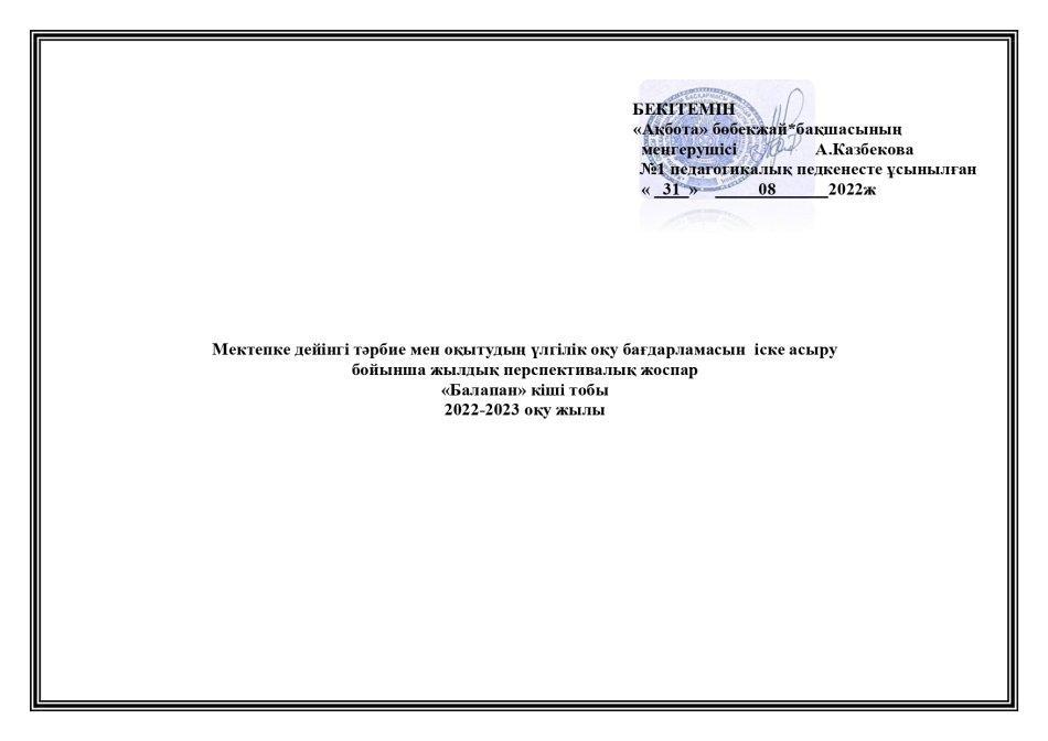 Перспективалық жоспар Балапан тобы 2022-2023 оқу жылы