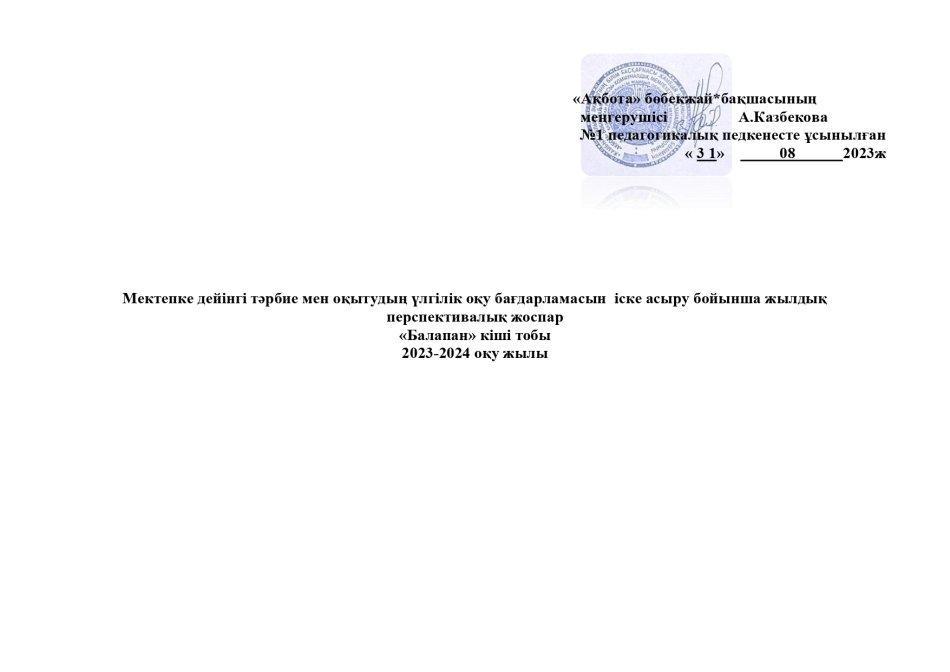 Перспективалық жоспар Балапан тобы 2023-2024 оқу жылы